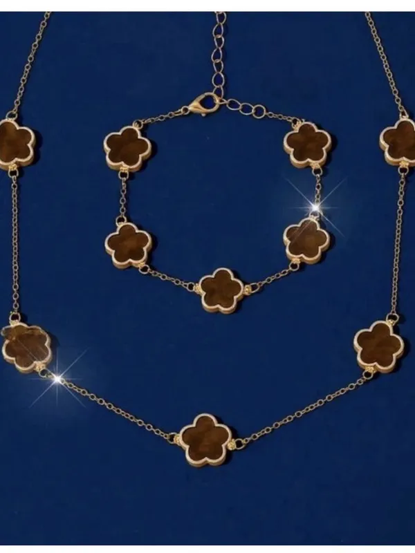 18K Gold Plated Brown Flower Necklace SET Stainless steel Womens Jewelry - Image 2