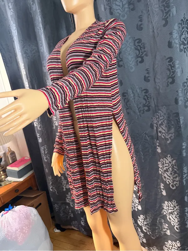 Ambiance Striped Long-Sleeve Open-Front Cardigan - Red & Pink - Image 3