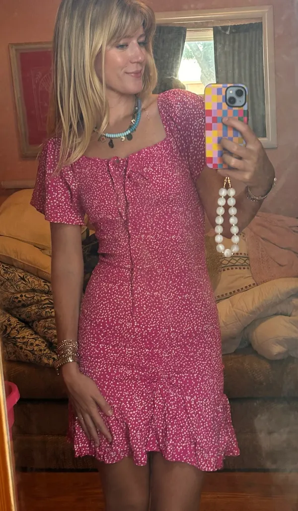 Pink and white polka dot fitted dress - Image 2