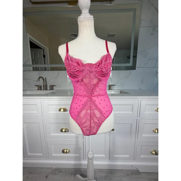 Pink Lace Teddy Bodysuit Womens Large Heart Print Sheer Mesh Underwire Lingerie - Image 12