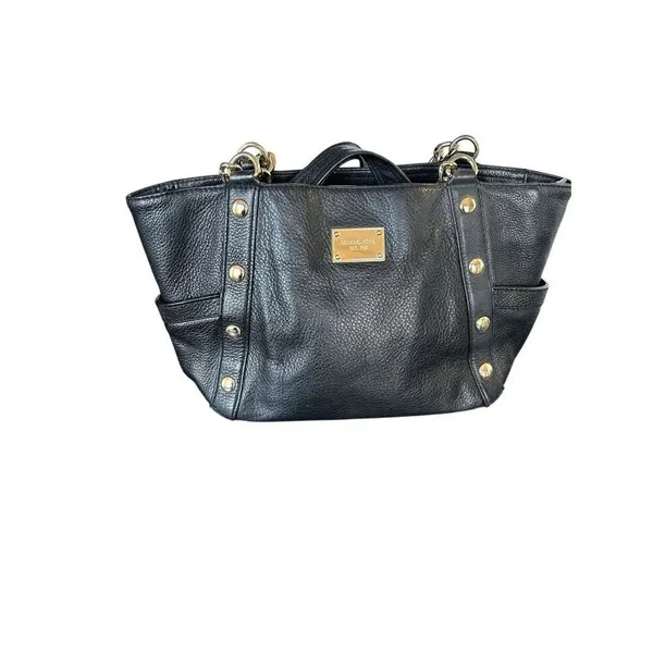 Michael Kors Delancy Shoulder Tote Bag Black Gold Pebbled Leather - Image 10