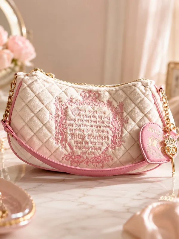 Juicy Couture Tale Quilted Velour Shoulder Bag Cream Pink NWT - Image 3