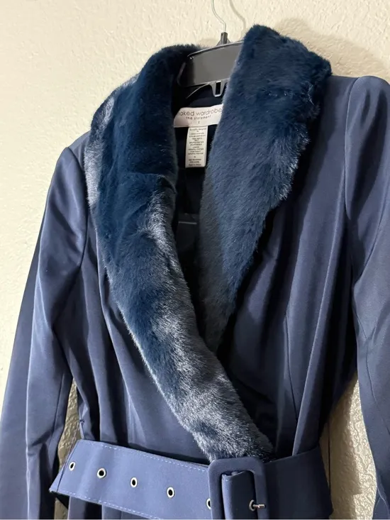 NEW Naked Wardrobe Navy Blue Faux Fur Collar Belted Long Coat Small Winter Lux - Image 7