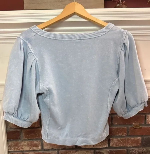 Aerie Women's Blue Acid Wash Puff Sleeve Ribbed Detail Cropped Sweatshirt - Image 4