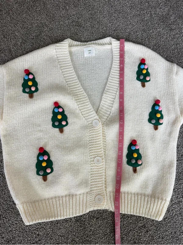 Luna Ivy Christmas Tree Pom Pom Cardigan Sweater Ivory Women’s M - Image 6
