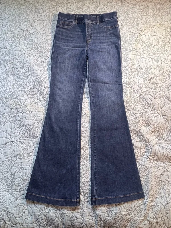 💥SPANX Pull On Flare Jeans Dark Wash High Rise Stretch Denim Size L🧡 - Image 3