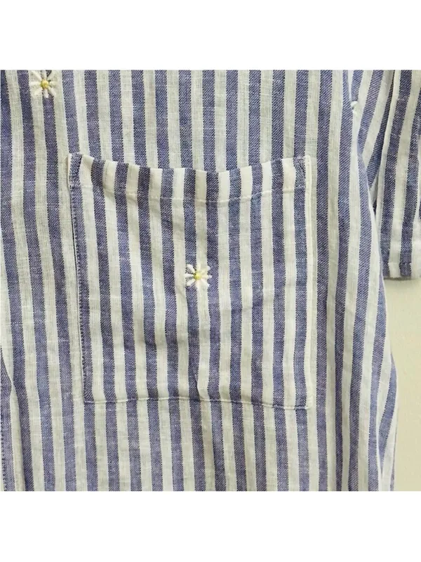 Rails Whitney Blue White Stripe Daisy Short Sleeve Collared Linen Rayon Shirt XS - Image 6