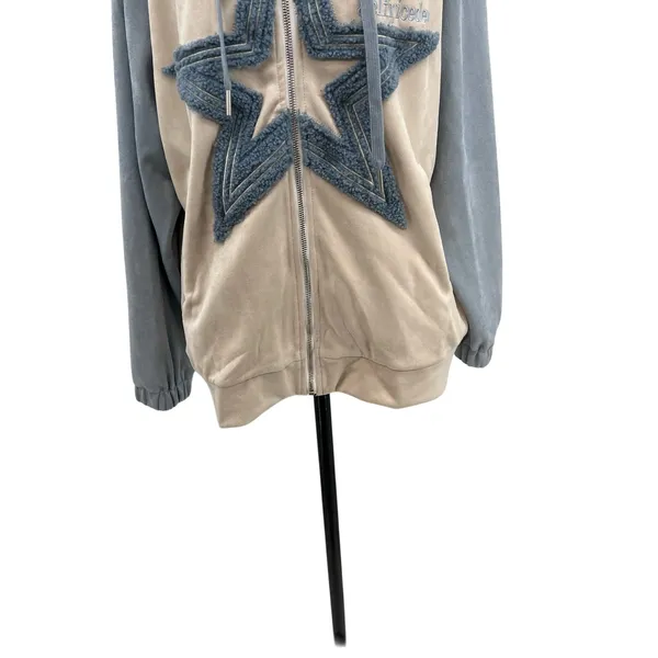 Aelfric Eden‎ Star Patchwork Zip Hoodie Blue Beige Suede Streetwear Size Medium - Image 6