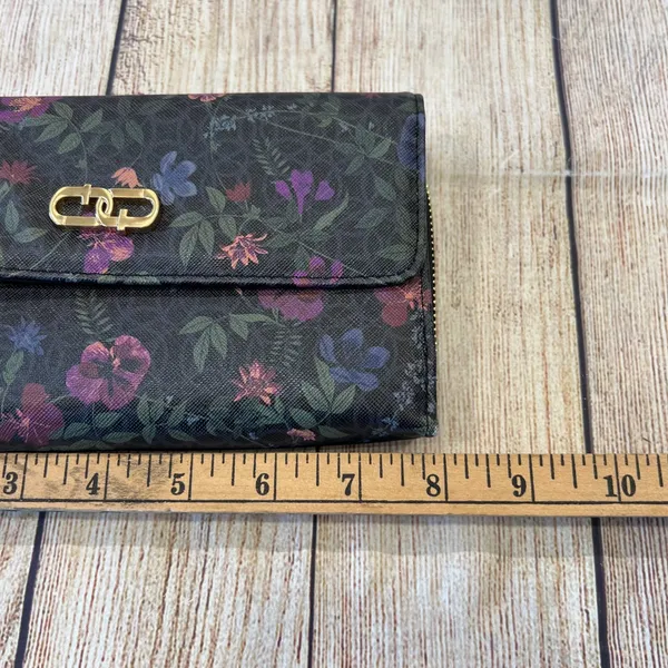 Guang TongVegan Leather Wristlet Wallet Black‎ Gold Hardware Organizer Floral - Image 4
