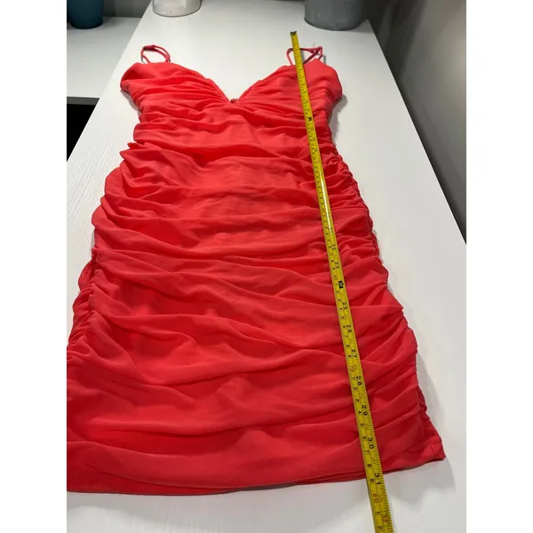 Hello Molly popping champagne Coral Ruched V Neck Spaghetti‎ Strap Mini Dress L - Image 10