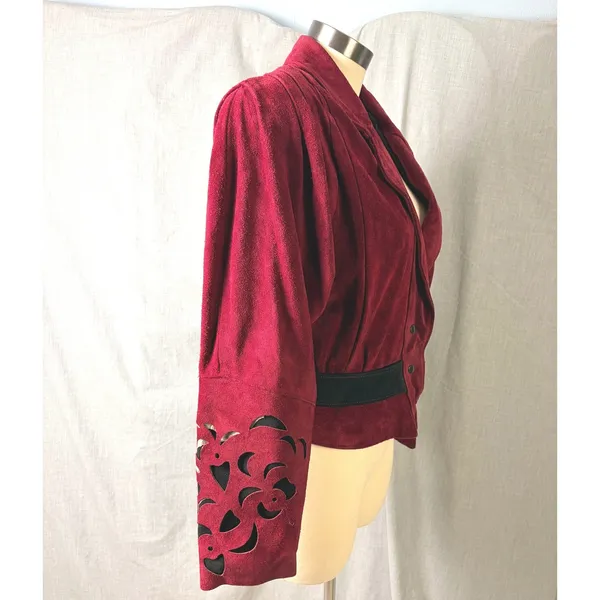 Vintage Phoenix Burgundy Black Suede Cutout Cropped Jacket‎ M Art Western AS IS - Image 3