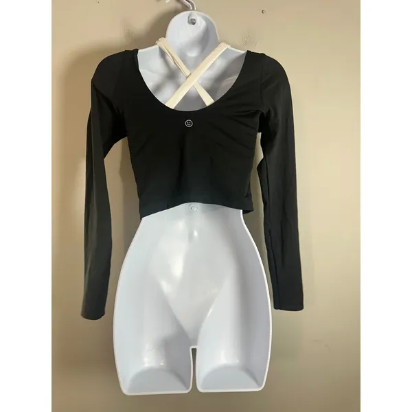 Gilly Hicks Active Boost Long Sleeve Crop Top Black White‎ Cross Back Small - Image 5