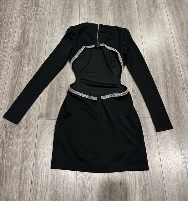 NWOT Lulus Sparkling Black Rhinestone Cutout Long Sleeve Mini Dress Size XS - Image 8