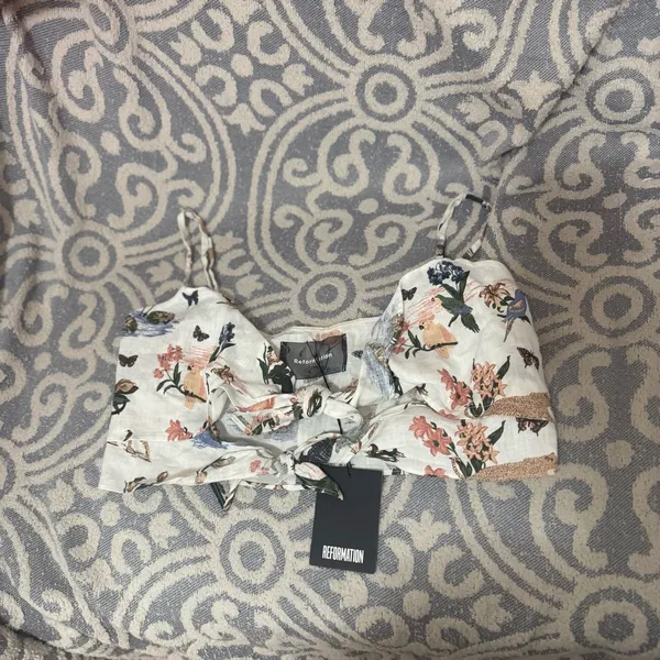 Reformation Medium Linen Crop Double Tie Tank Top Animal Print Janeiro Safari - Image 9