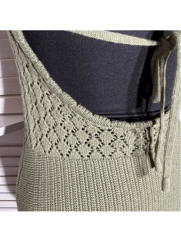 Y2K mini dress sage green crocheted cotton boho fairy backless festival grunge L - Image 12