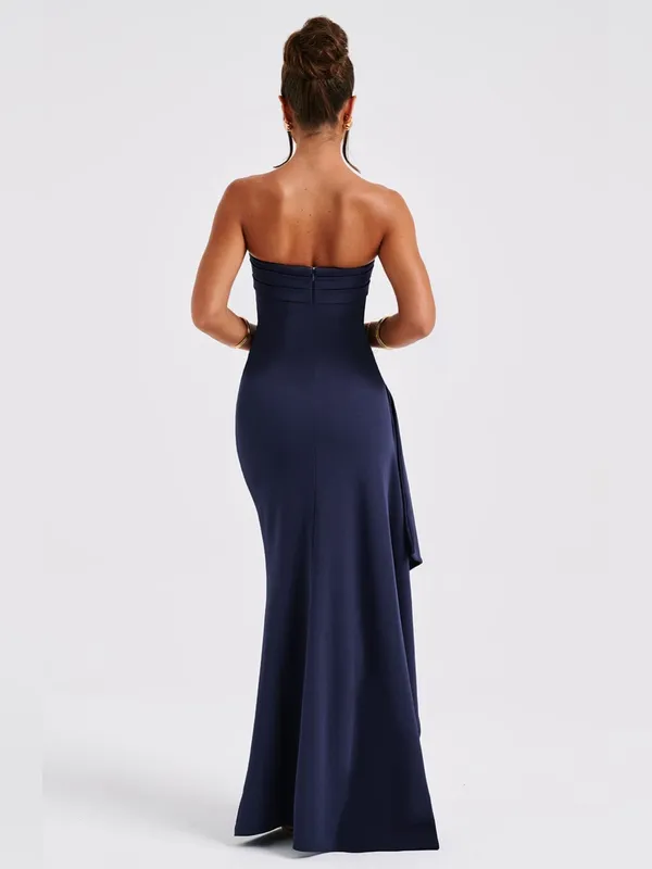 BABYBOO Zafira Navy Strapless Draped High Slit Maxi Dress Womens XS New NWT - Image 4