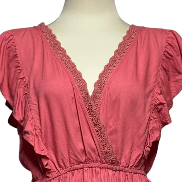 Abercrombie & Fitch Lace Trim V-Neck Flutter Sleeve Blouse Top Dusty Pink Large - Image 2