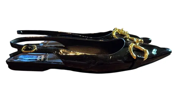 Jeffrey Campbell Black Patent Leather Slingback Flats Gold Hardware Pointed Toe - Image 2