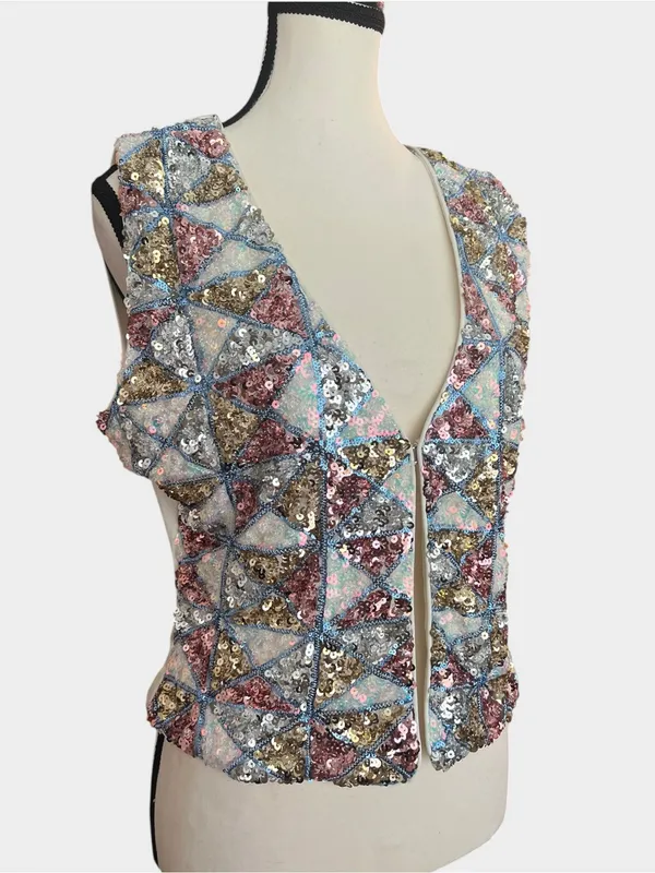 12th Tribe NWT Sequin Open Front Vest Top Large Pastel Geometric Festival Boho - Image 4