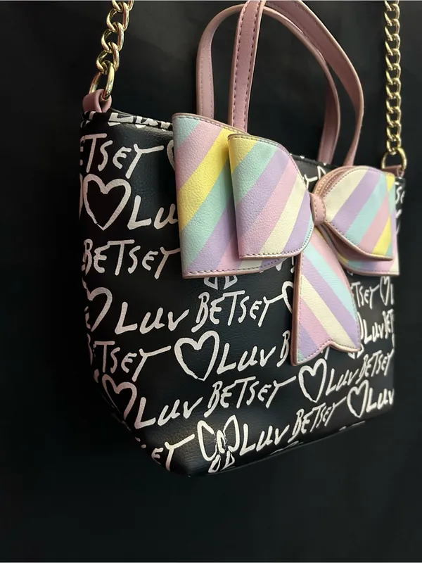 Betsey Johnson Graffiti Print Black Shoulder Bag With Pastel Striped Bow - Image 5