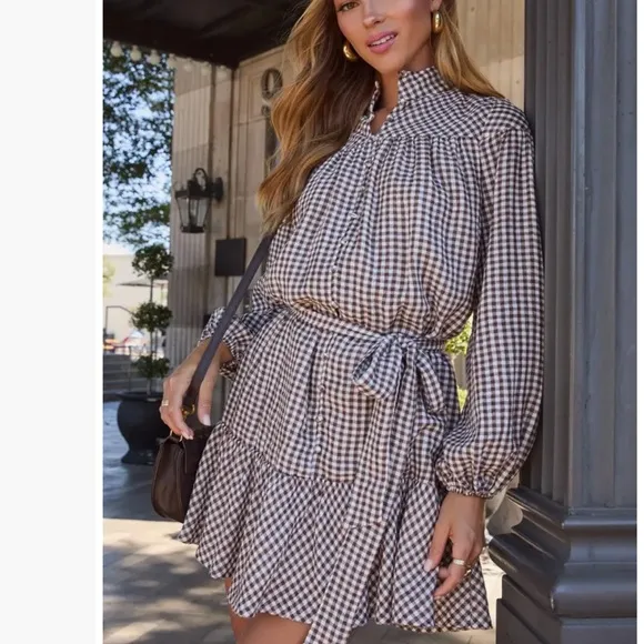 VICI Sweet‎ Autumn Plaid Belted Long Sleeve Mini ShirtDress Brown & Cream Large - Image 2