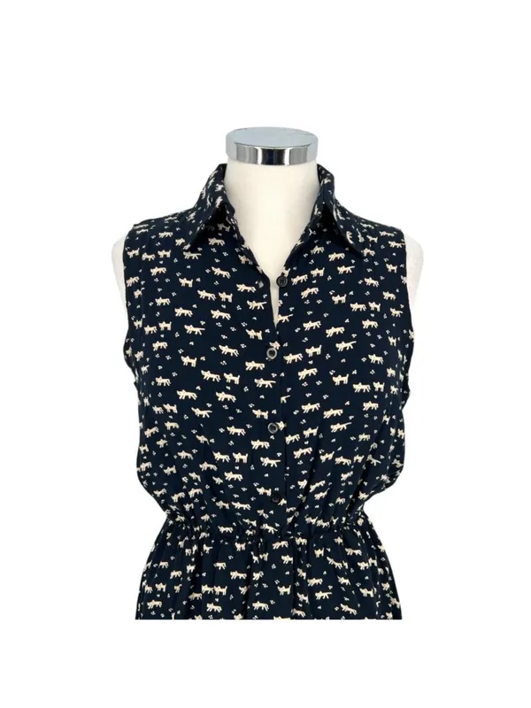 Favolook Cat Print Sleeveless Collared Shirt Dress Black Size Medium Mod Preppy - Image 2
