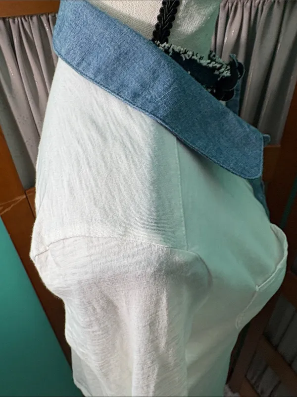 LOFT White Button-Down Shirt with Blue Chambray Trim - Image 8