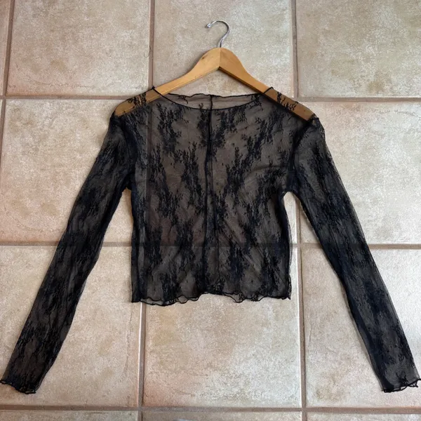 Long Sleeve Sheer Floral Top Black Sexy Mesh Layering See Through Lace Alt Baddi - Image 4