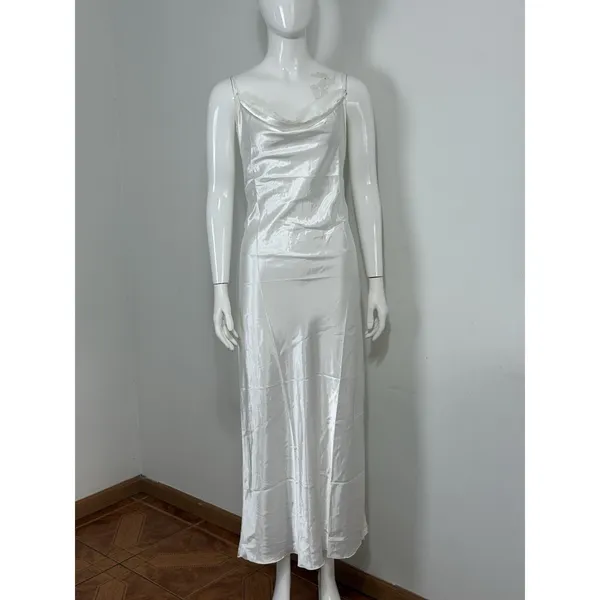 White Satin Lace Slip Dress Backless Strappy Maxi Nightgown Women’s Size S⁠ - Image 4