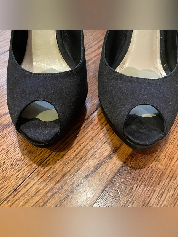 Christian Dior Black Satin Peep Toe Slingback Platform Heels Women Size 37 - Image 4