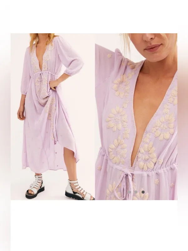 FREE PEOPLE Fable Lilac Blossom Embroidered Boho Gypsy Peasant Maxi Dress Large - Image 2
