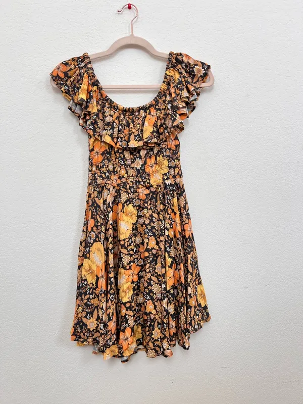NWT Spell Hibiscus‎ Lane Off-Shoulder Sun Dress Licorice Floral XS Boho Mini - Image 3