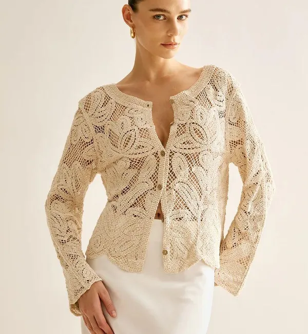 Commense Hollow Button Plisse Cardigan size large Tan - Image 2