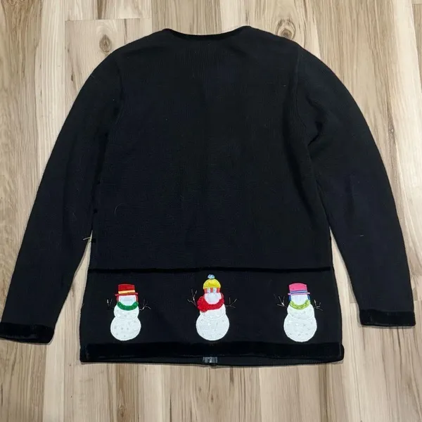 Quacker Factory Black Embroidered Snowman Zip Up Ugly Sweater Women’s Small - Image 3