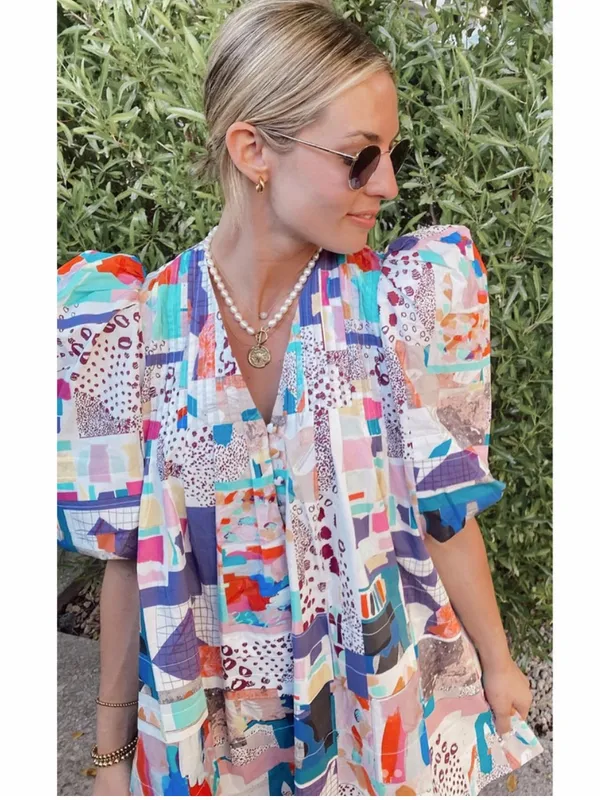 HUNTER BELL Tuckernuck Jenkins Mini Dress Patchwork Print Cotton Puff Sleeve - Image 4