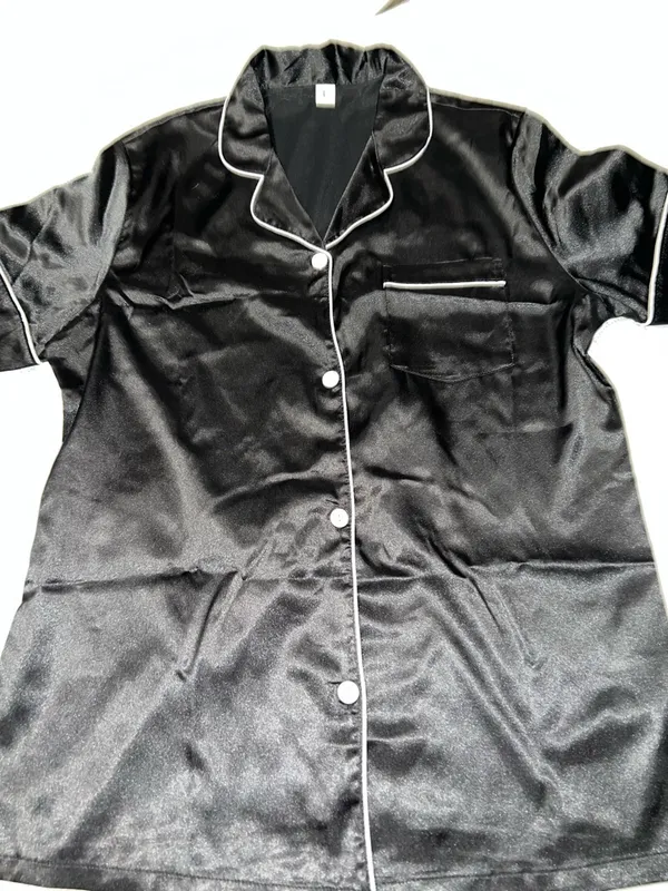 Women's Satin look/ feel Pajama Set - Black with White Piping - Image 10