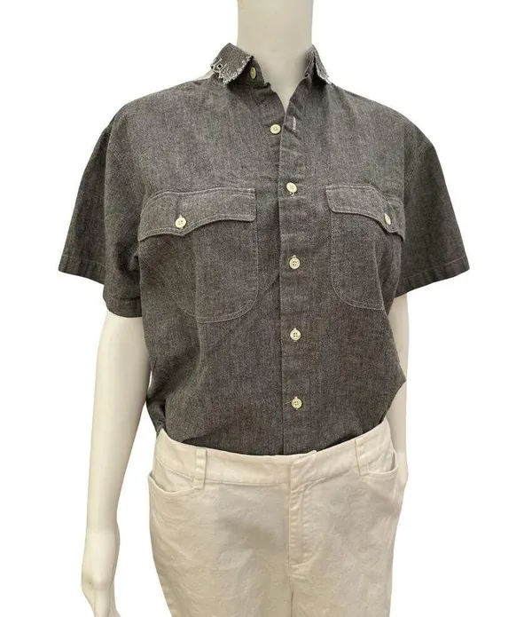 Vintage 1980s JG Hook Grey Denim Short Sleeve Top Medium - Image 5