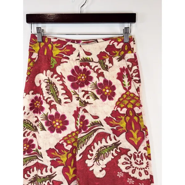 ZARA Womens Pants Red Floral Wide Leg Linen Blend Pleated Trouser Boho Small - Image 9
