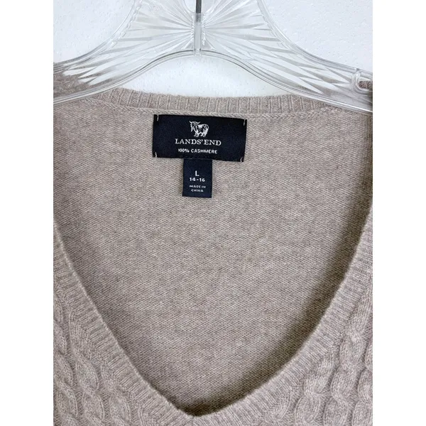 Heather Brown Cashmere Cable Knit V-Neck Sweater Taupe Lands' End L 14-16 - Image 3