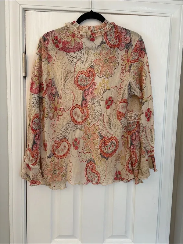 Piano Sheer Floral Paisley Tie Front Blouse Cream Coral Lace Trim Ruffle Size L - Image 6
