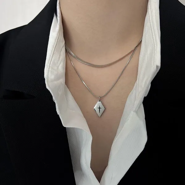 Layered Snake Chain Geometric Rhombus Cross Pendant Necklace for Men Women - Image 4