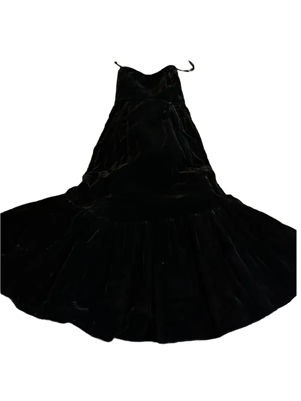 Vintage 1980'S Black Velvet Strapless Mermaid Dress W/Gold Lace Train (M) - Image 9