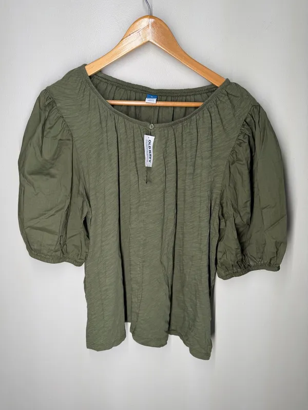 NEW Old Navy Boho Cottagecore Cotton Puff Sleeve Peasant‎ Blouse Olive Green XL - Image 3