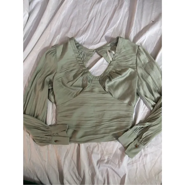 Anthropologie Sage Green Pleated Satin Open Back Blouse XXS Balloon Sleeve - Image 4