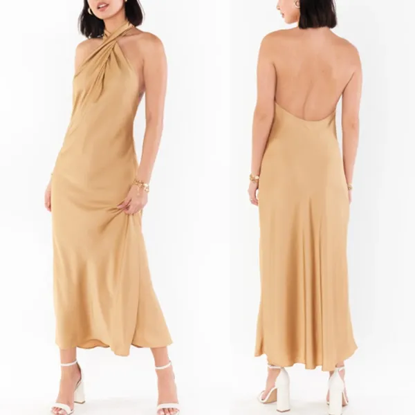 NWT Show‎ Me Your Mumu Jasmine Halter Midi Dress in True Gold Luxe Satin - Image 2