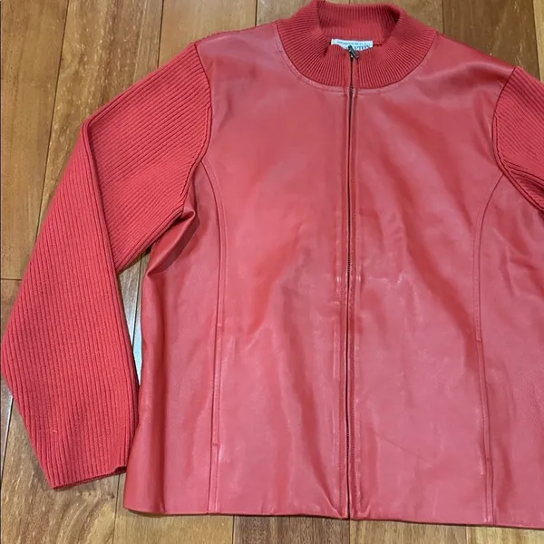 Pendleton Mixed Media‎ Jacket Womens Red Leather Front Merino Wool Zip Large - Image 4