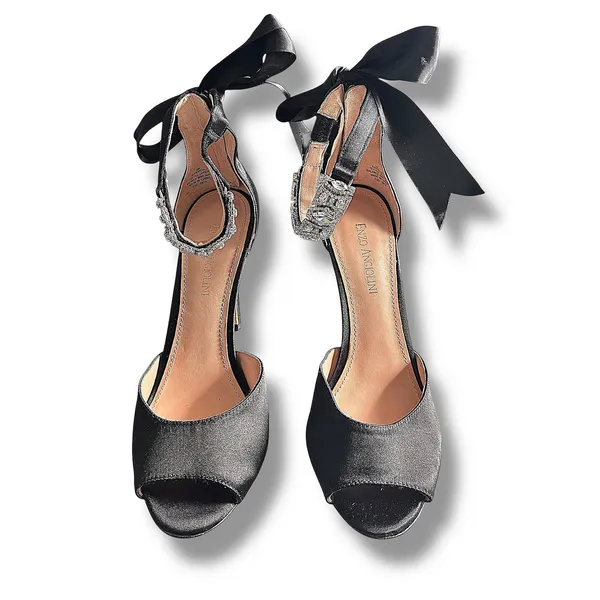 Enzo Angiolini Satin Bow Crystal Ankle‎ Strap Heels Women's 8M Black Elegant - Image 2