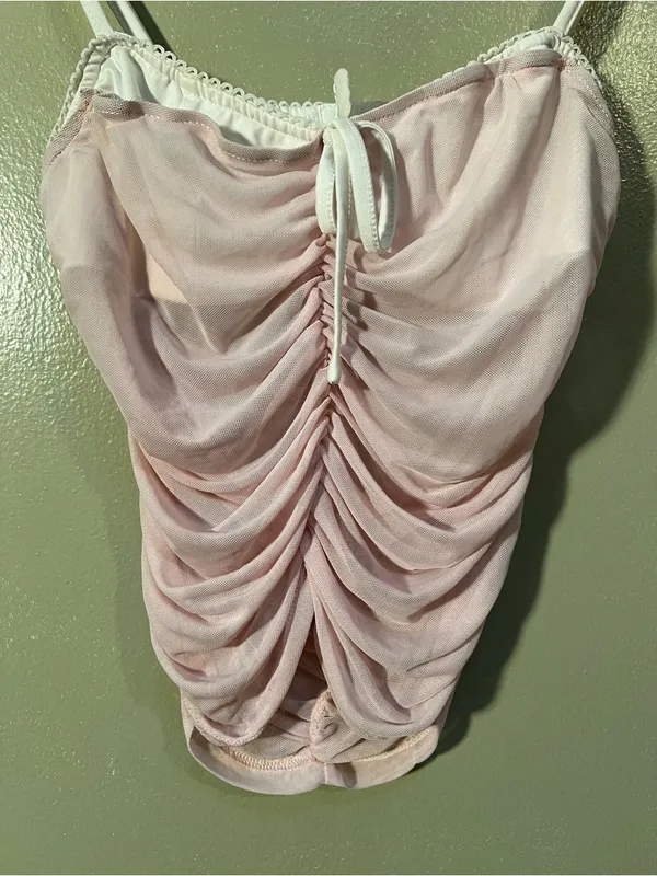 Women's Ruched Corset Cami Tank Top Light Pink White Semi-Sheer Sweetheart Neck - Image 5