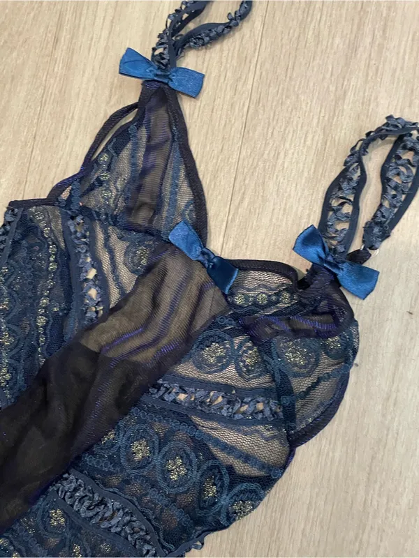 Sheer Navy Lace Maxi Chemise with Bow Accents - Image 2