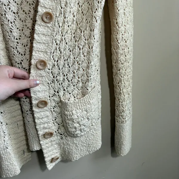 Eddie Bauer Pointelle Open Knit Cardigan XS Cream Womens Cotton Sweater - Image 3